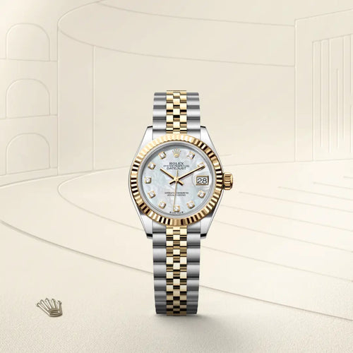 Rolex Lady-Datejust in Yellow Rolesor - combination of Oystersteel and yellow gold with a White mother-of-pearl set with diamonds dial, Fluted bezel, Jubilee, five-piece links bracelet