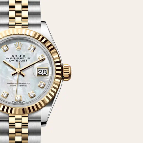Rolex Lady-Datejust in Yellow Rolesor - combination of Oystersteel and yellow gold with a White mother-of-pearl set with diamonds dial, Fluted bezel, Jubilee, five-piece links bracelet
