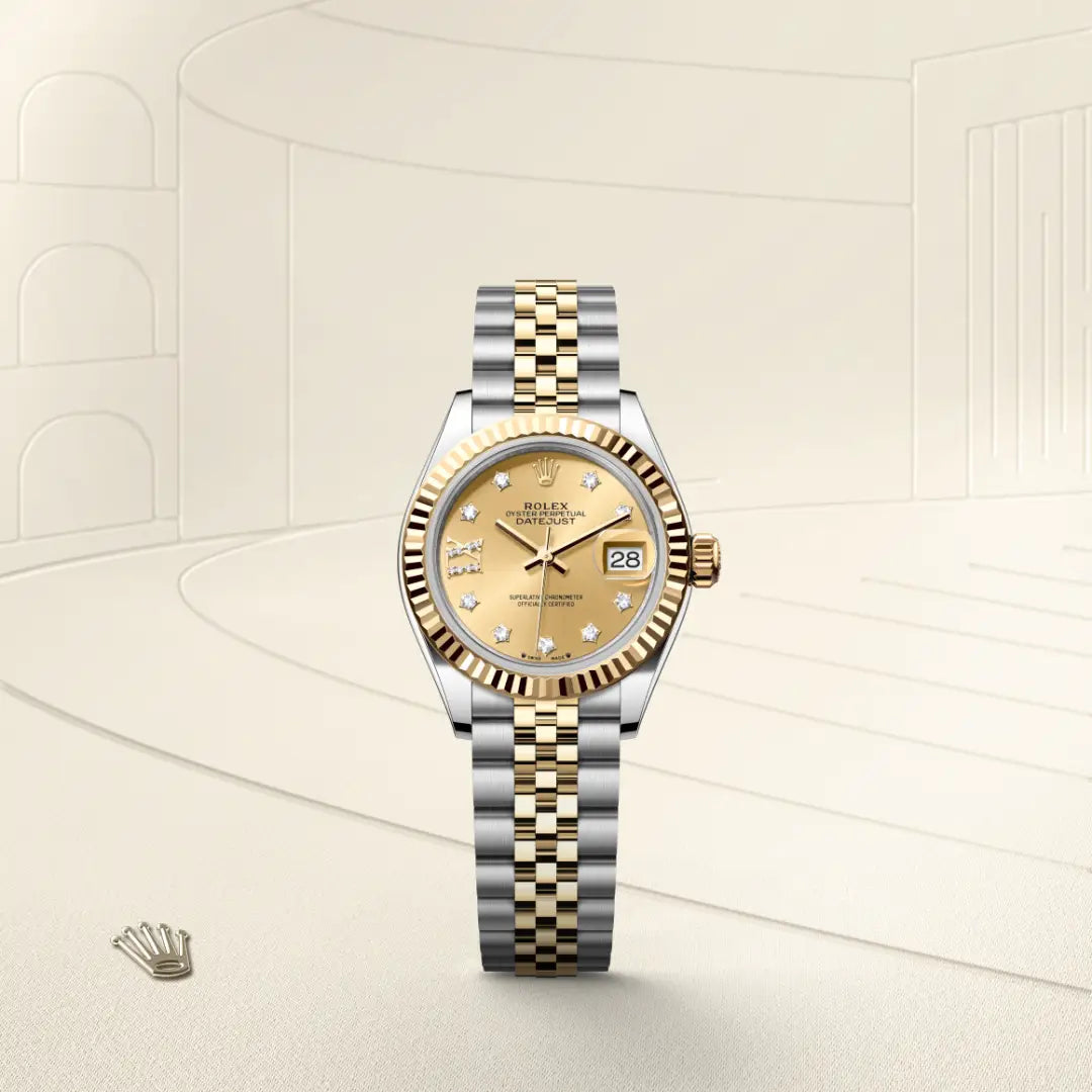 Rolex Lady-Datejust in Yellow Rolesor - combination of Oystersteel and yellow gold with a Champagne-colour set with diamonds dial, Fluted bezel, Jubilee, five-piece links bracelet