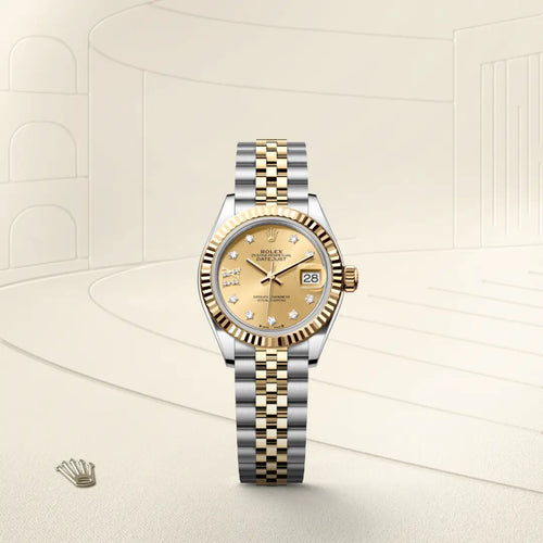 Rolex Lady-Datejust in Yellow Rolesor - combination of Oystersteel and yellow gold with a Champagne-colour set with diamonds dial, Fluted bezel, Jubilee, five-piece links bracelet