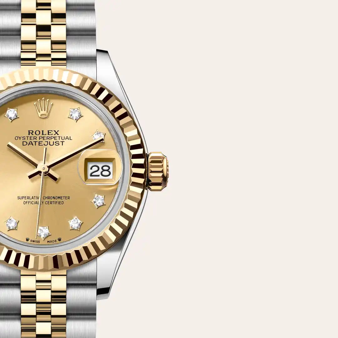 Rolex Lady-Datejust in Yellow Rolesor - combination of Oystersteel and yellow gold with a Champagne-colour set with diamonds dial, Fluted bezel, Jubilee, five-piece links bracelet