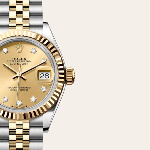 Rolex Lady-Datejust in Yellow Rolesor - combination of Oystersteel and yellow gold with a Champagne-colour set with diamonds dial, Fluted bezel, Jubilee, five-piece links bracelet