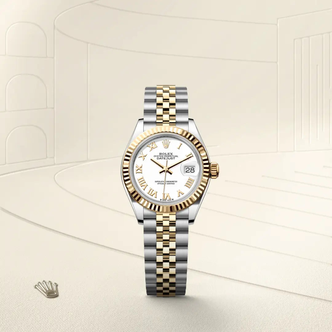 Rolex Lady-Datejust in Yellow Rolesor - combination of Oystersteel and yellow gold with a White dial, Fluted bezel, Jubilee, five-piece links bracelet
