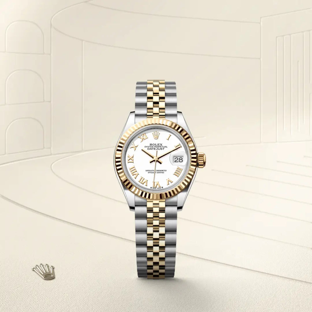 Rolex Lady-Datejust in Yellow Rolesor - combination of Oystersteel and yellow gold with a White dial, Fluted bezel, Jubilee, five-piece links bracelet