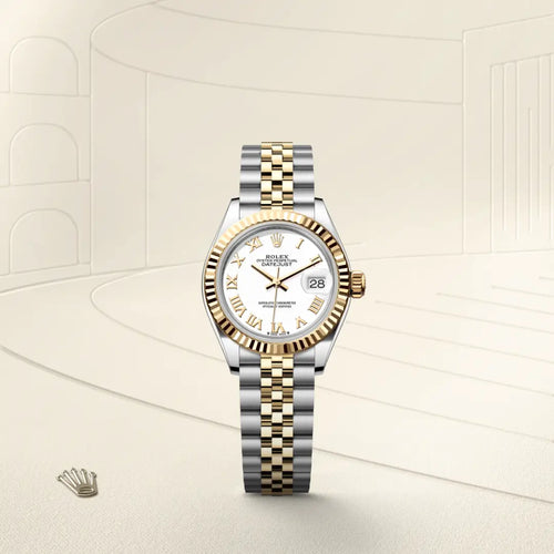 Rolex Lady-Datejust in Yellow Rolesor - combination of Oystersteel and yellow gold with a White dial, Fluted bezel, Jubilee, five-piece links bracelet