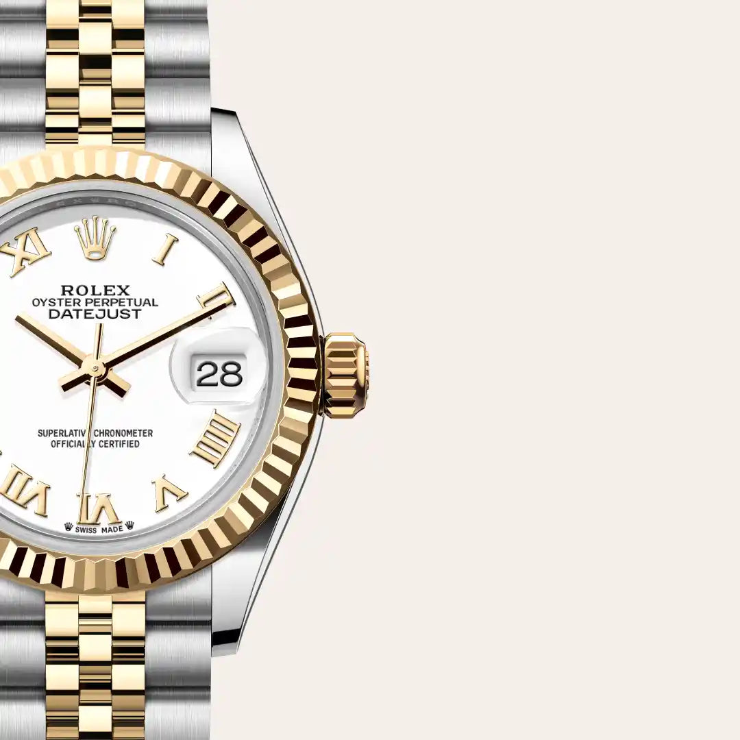 Rolex Lady-Datejust in Yellow Rolesor - combination of Oystersteel and yellow gold with a White dial, Fluted bezel, Jubilee, five-piece links bracelet