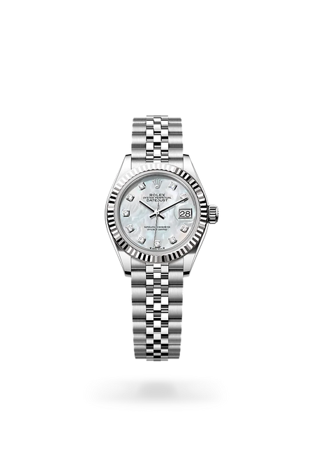 Rolex Lady-Datejust in White Rolesor - combination of Oystersteel and white gold with a White mother-of-pearl set with diamonds dial, Fluted bezel, Jubilee, five-piece links bracelet