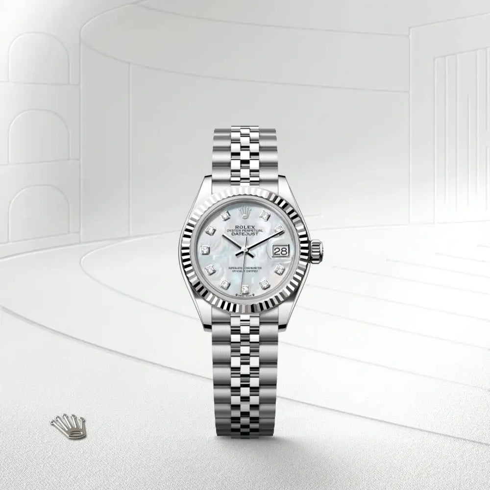 Rolex Lady-Datejust in White Rolesor - combination of Oystersteel and white gold with a White mother-of-pearl set with diamonds dial, Fluted bezel, Jubilee, five-piece links bracelet