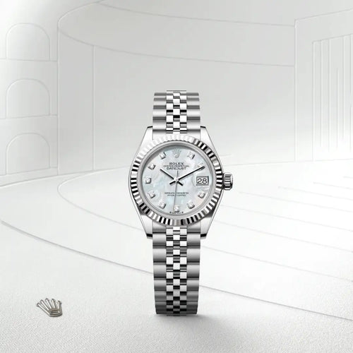 Rolex Lady-Datejust in White Rolesor - combination of Oystersteel and white gold with a White mother-of-pearl set with diamonds dial, Fluted bezel, Jubilee, five-piece links bracelet
