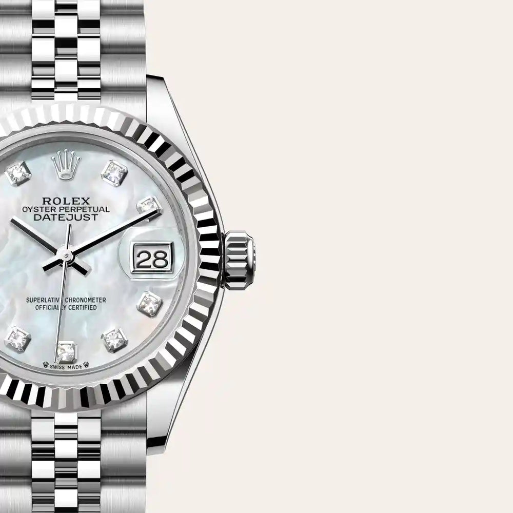 Rolex Lady-Datejust in White Rolesor - combination of Oystersteel and white gold with a White mother-of-pearl set with diamonds dial, Fluted bezel, Jubilee, five-piece links bracelet