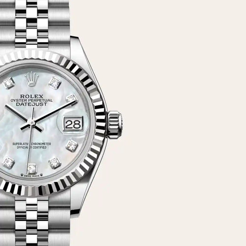 Rolex Lady-Datejust in White Rolesor - combination of Oystersteel and white gold with a White mother-of-pearl set with diamonds dial, Fluted bezel, Jubilee, five-piece links bracelet