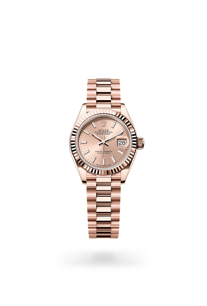 Rolex Lady-Datejust in 18 ct Everose gold with a Rosé-colour dial, Fluted bezel, President, semi-circular three-piece links bracelet