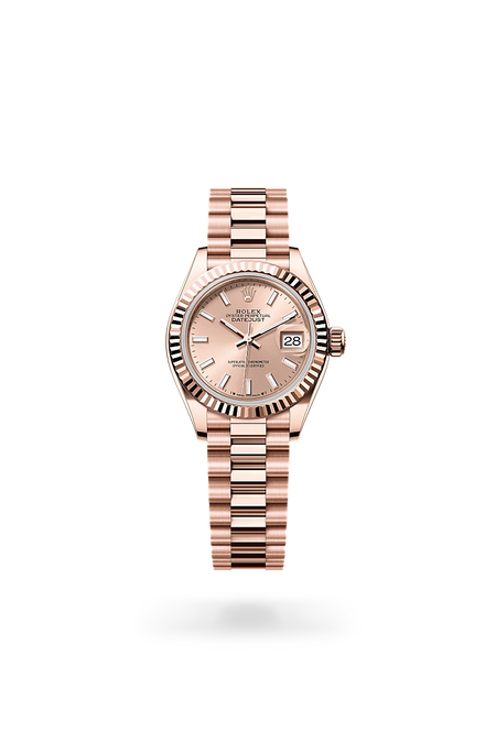 Rolex Lady-Datejust in 18 ct Everose gold with a Rosé-colour dial, Fluted bezel, President, semi-circular three-piece links bracelet
