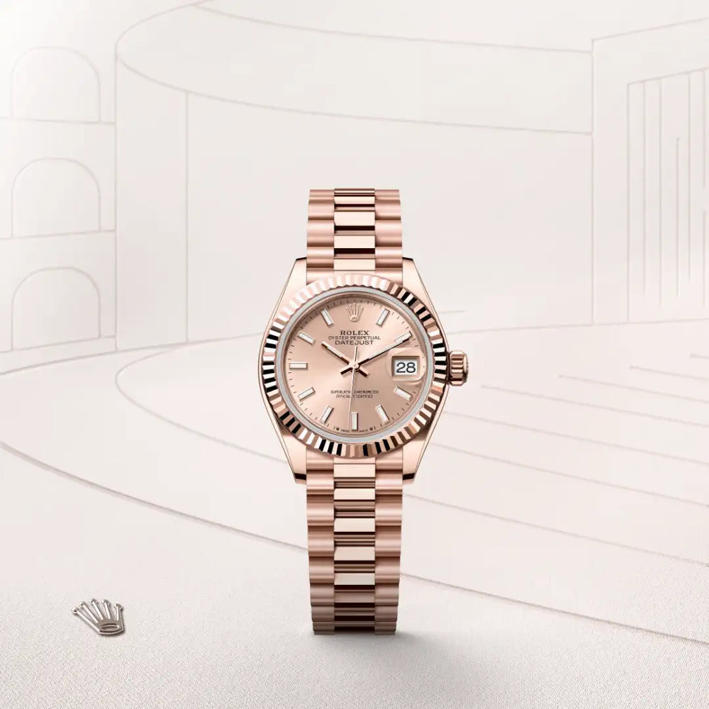 Rolex Lady-Datejust in 18 ct Everose gold with a Rosé-colour dial, Fluted bezel, President, semi-circular three-piece links bracelet
