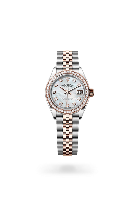 Rolex Lady-Datejust in Everose Rolesor - combination of Oystersteel and Everose gold with a White mother-of-pearl set with diamonds dial, Diamond-set bezel, Jubilee, five-piece links bracelet