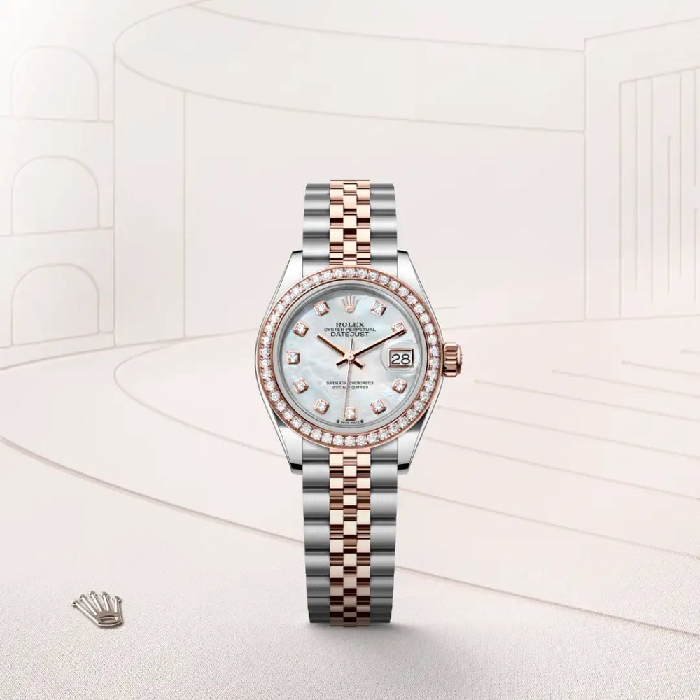 Rolex Lady-Datejust in Everose Rolesor - combination of Oystersteel and Everose gold with a White mother-of-pearl set with diamonds dial, Diamond-set bezel, Jubilee, five-piece links bracelet