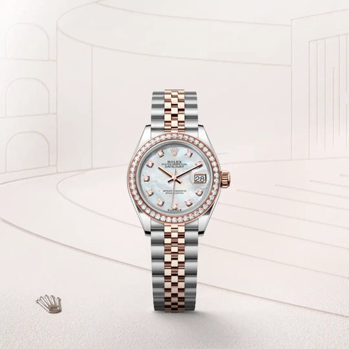 Rolex Lady-Datejust in Everose Rolesor - combination of Oystersteel and Everose gold with a White mother-of-pearl set with diamonds dial, Diamond-set bezel, Jubilee, five-piece links bracelet