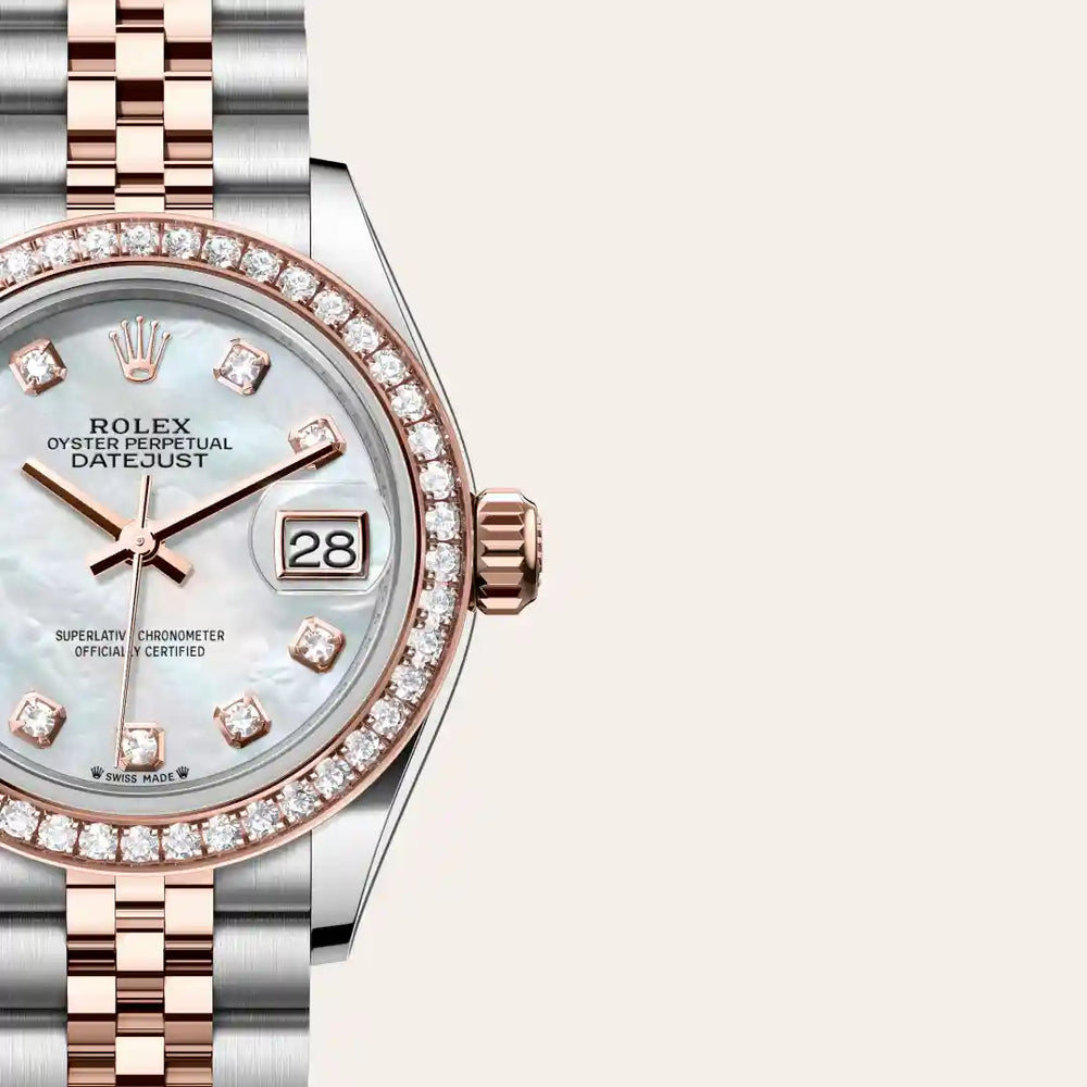 Rolex Lady-Datejust in Everose Rolesor - combination of Oystersteel and Everose gold with a White mother-of-pearl set with diamonds dial, Diamond-set bezel, Jubilee, five-piece links bracelet