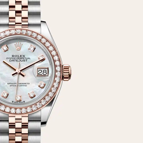 Rolex Lady-Datejust in Everose Rolesor - combination of Oystersteel and Everose gold with a White mother-of-pearl set with diamonds dial, Diamond-set bezel, Jubilee, five-piece links bracelet
