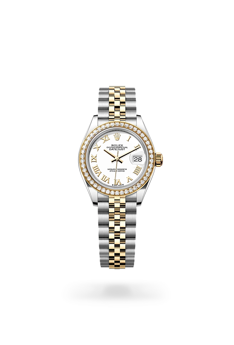 Rolex Lady-Datejust in Yellow Rolesor - combination of Oystersteel and yellow gold with a White dial, Diamond-set bezel, Jubilee, five-piece links bracelet