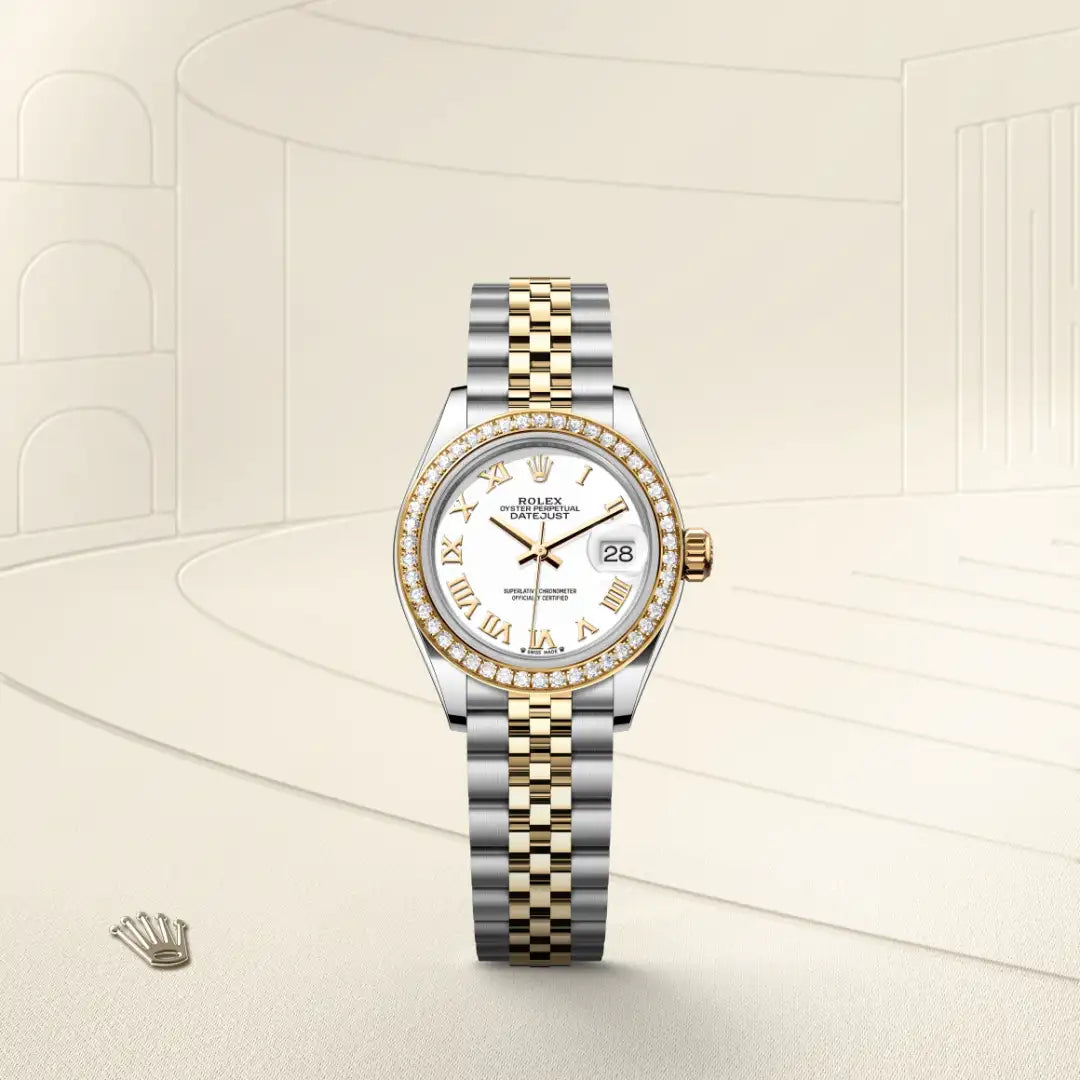 Rolex Lady-Datejust in Yellow Rolesor - combination of Oystersteel and yellow gold with a White dial, Diamond-set bezel, Jubilee, five-piece links bracelet