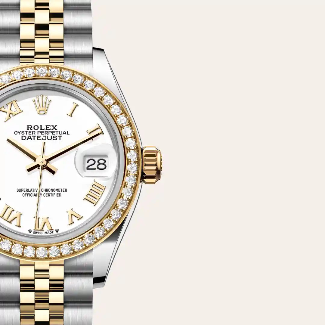 Rolex Lady-Datejust in Yellow Rolesor - combination of Oystersteel and yellow gold with a White dial, Diamond-set bezel, Jubilee, five-piece links bracelet