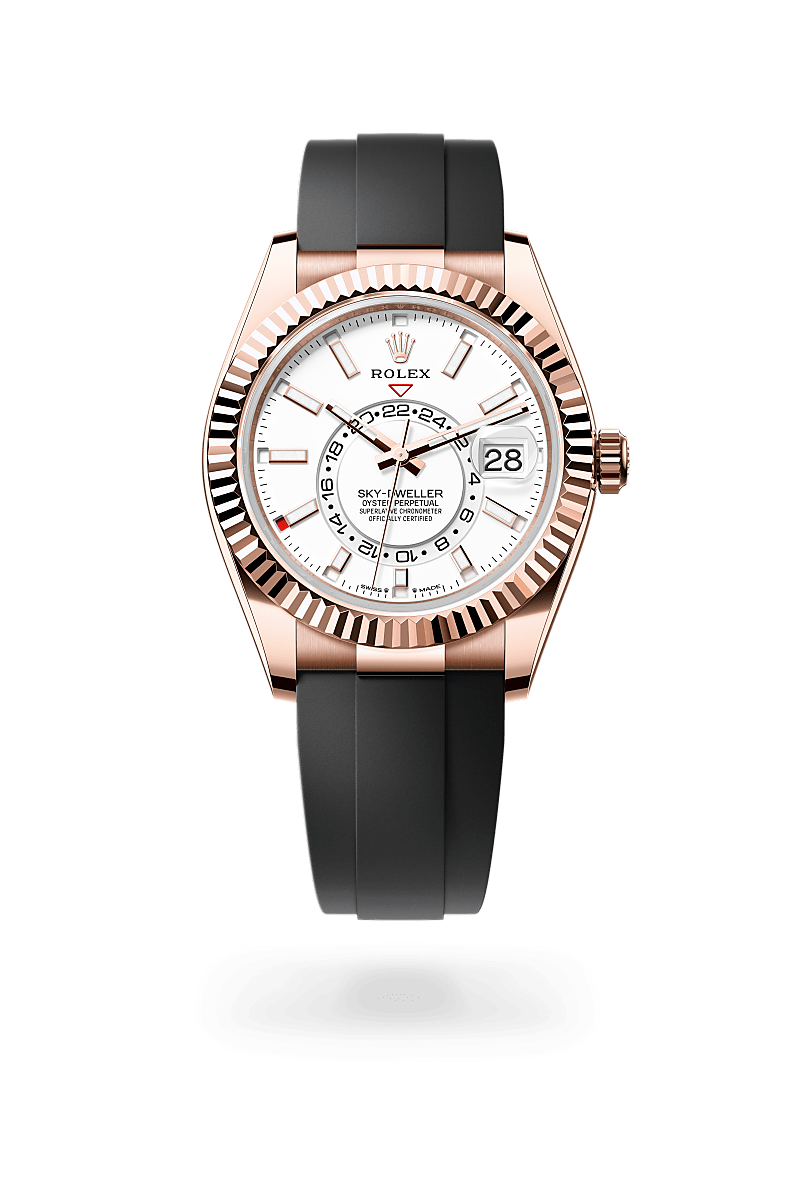 Rolex Sky-Dweller in 18 ct Everose gold with a Intense white dial, Fluted, bidirectional rotatable Rolex Ring Command bezel, Oysterflex bracelet