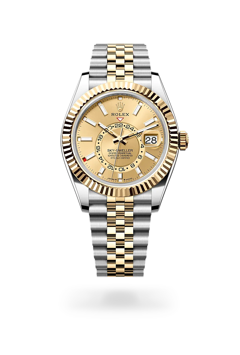 Rolex Sky-Dweller in Yellow Rolesor - combination of Oystersteel and yellow gold with a Champagne-colour dial, Fluted, bidirectional rotatable Rolex Ring Command bezel, Jubilee, five-piece links bracelet