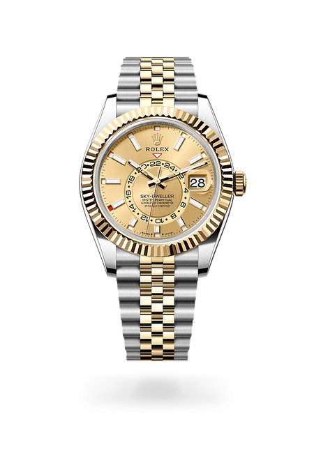 Rolex Sky-Dweller in Yellow Rolesor - combination of Oystersteel and yellow gold with a Champagne-colour dial, Fluted, bidirectional rotatable Rolex Ring Command bezel, Jubilee, five-piece links bracelet