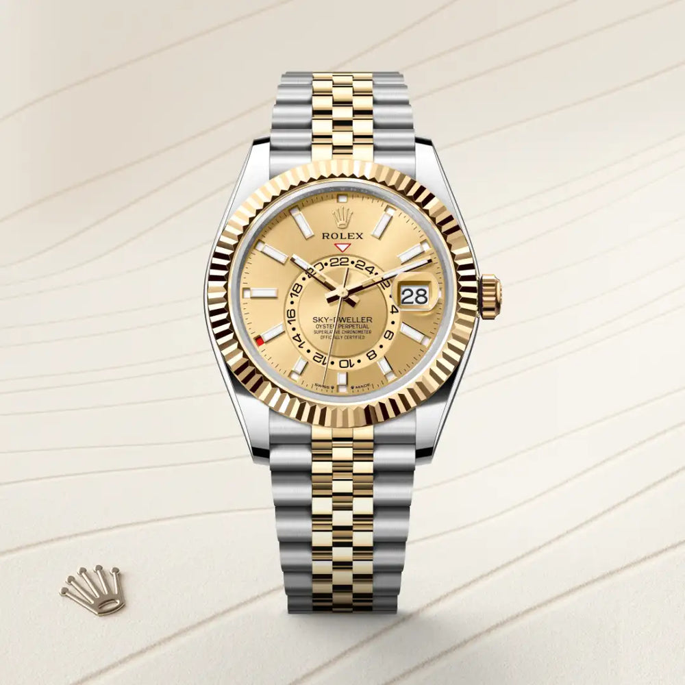 Rolex Sky-Dweller in Yellow Rolesor - combination of Oystersteel and yellow gold with a Champagne-colour dial, Fluted, bidirectional rotatable Rolex Ring Command bezel, Jubilee, five-piece links bracelet