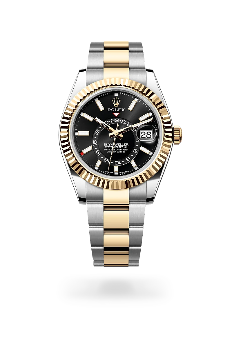Rolex Sky-Dweller in Yellow Rolesor - combination of Oystersteel and yellow gold with a Bright black dial, Fluted, bidirectional rotatable Rolex Ring Command bezel, Oyster, three-piece solid links bracelet