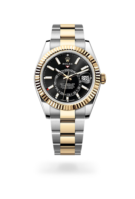 Rolex Sky-Dweller in Yellow Rolesor - combination of Oystersteel and yellow gold with a Bright black dial, Fluted, bidirectional rotatable Rolex Ring Command bezel, Oyster, three-piece solid links bracelet