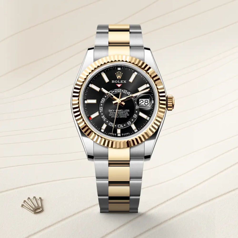 Rolex Sky-Dweller in Yellow Rolesor - combination of Oystersteel and yellow gold with a Bright black dial, Fluted, bidirectional rotatable Rolex Ring Command bezel, Oyster, three-piece solid links bracelet