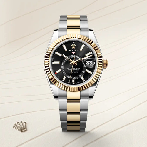 Rolex Sky-Dweller in Yellow Rolesor - combination of Oystersteel and yellow gold with a Bright black dial, Fluted, bidirectional rotatable Rolex Ring Command bezel, Oyster, three-piece solid links bracelet