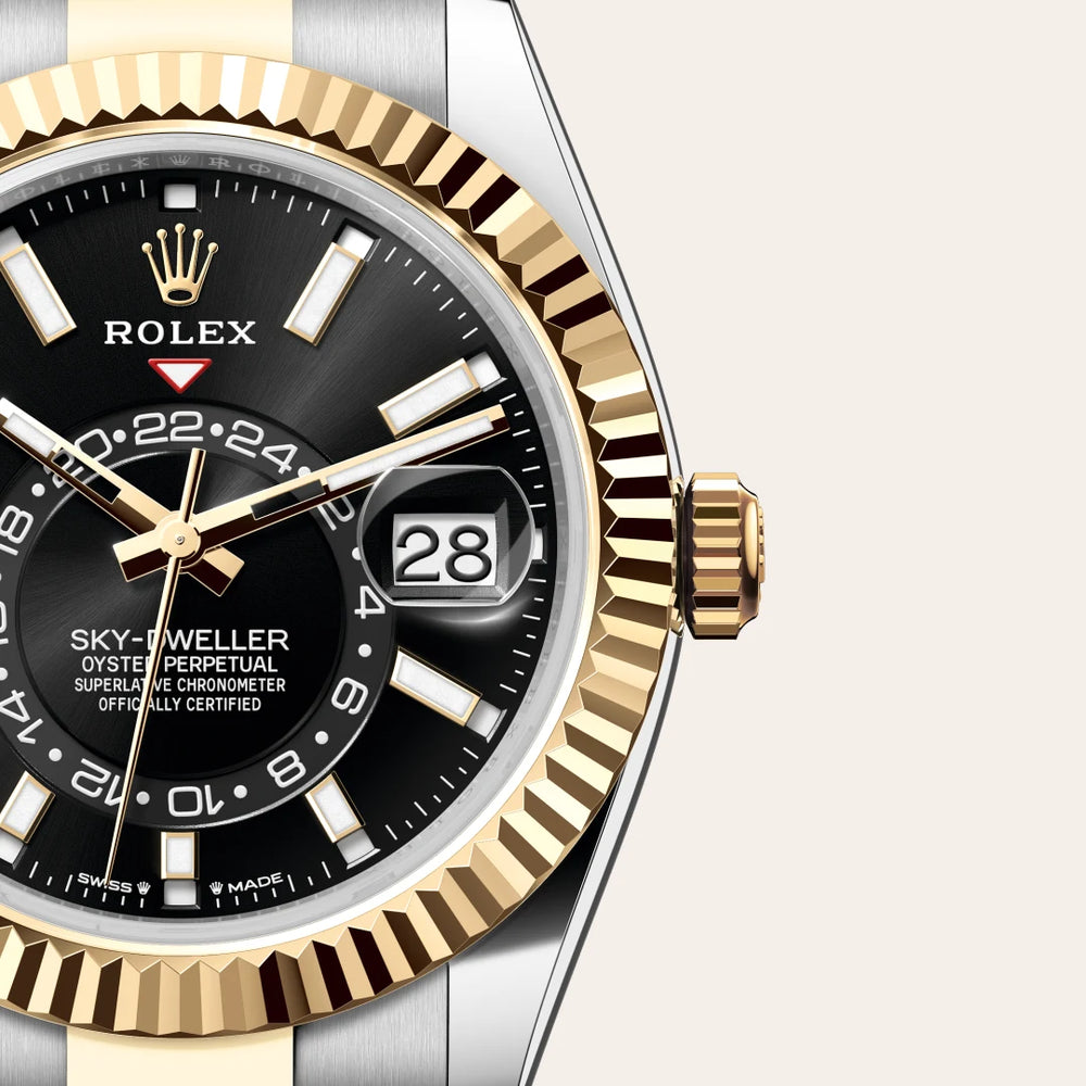 Rolex Sky-Dweller in Yellow Rolesor - combination of Oystersteel and yellow gold with a Bright black dial, Fluted, bidirectional rotatable Rolex Ring Command bezel, Oyster, three-piece solid links bracelet
