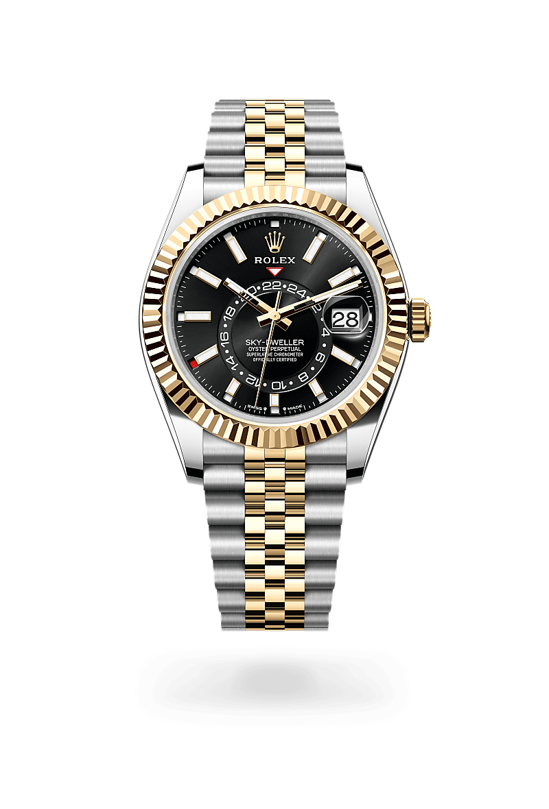 Rolex Sky-Dweller in Yellow Rolesor - combination of Oystersteel and yellow gold with a Bright black dial, Fluted, bidirectional rotatable Rolex Ring Command bezel, Jubilee, five-piece links bracelet