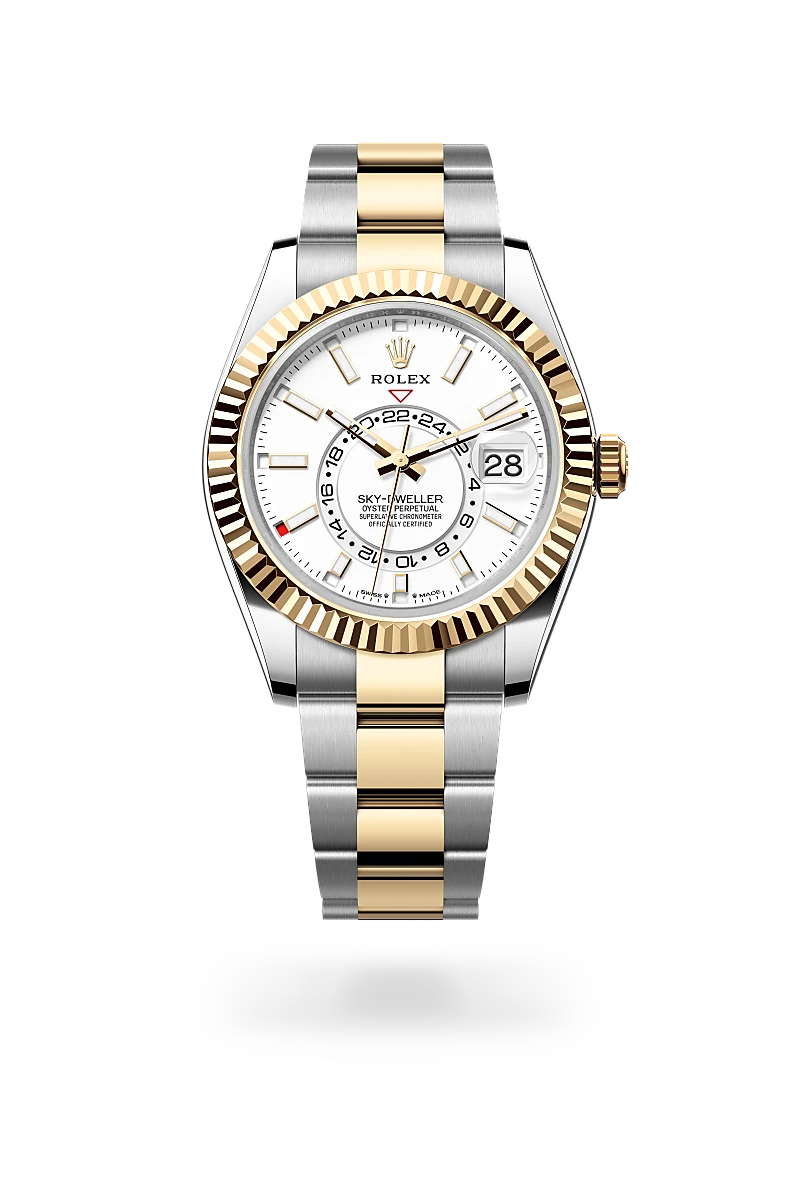 Rolex Sky-Dweller in Yellow Rolesor - combination of Oystersteel and yellow gold with a Intense white dial, Fluted, bidirectional rotatable Rolex Ring Command bezel, Oyster, three-piece solid links bracelet