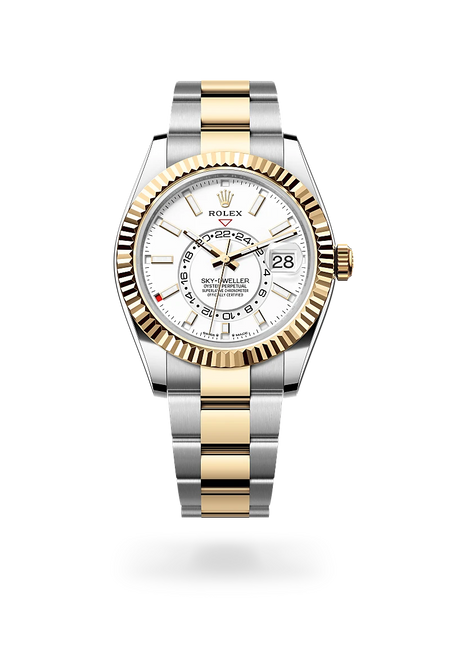 Rolex Sky-Dweller in Yellow Rolesor - combination of Oystersteel and yellow gold with a Intense white dial, Fluted, bidirectional rotatable Rolex Ring Command bezel, Oyster, three-piece solid links bracelet