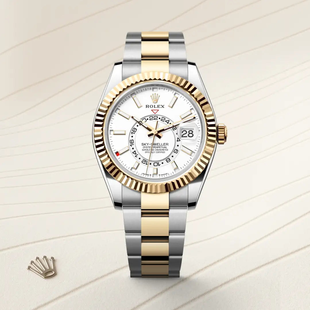 Rolex Sky-Dweller in Yellow Rolesor - combination of Oystersteel and yellow gold with a Intense white dial, Fluted, bidirectional rotatable Rolex Ring Command bezel, Oyster, three-piece solid links bracelet