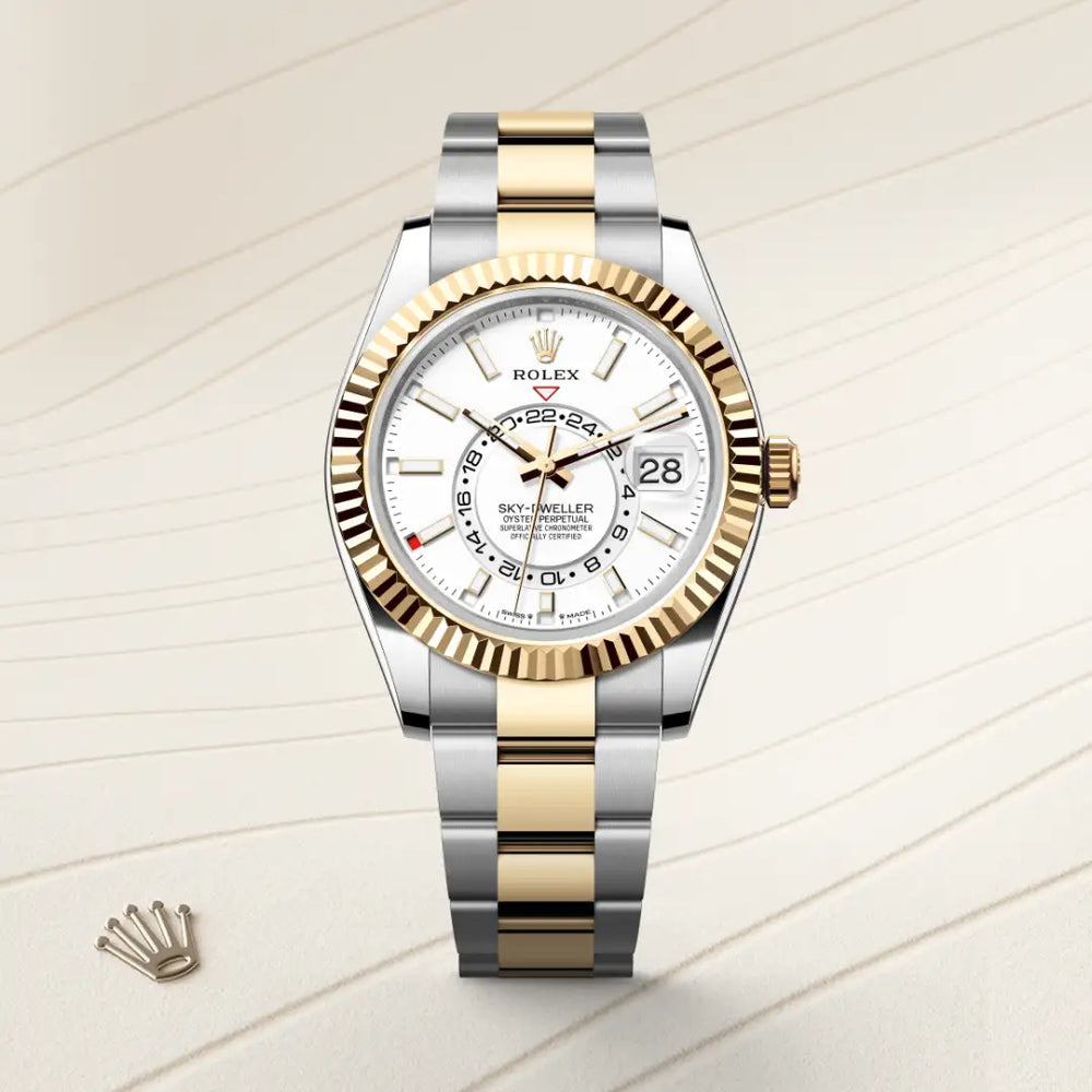 Rolex Sky-Dweller in Yellow Rolesor - combination of Oystersteel and yellow gold with a Intense white dial, Fluted, bidirectional rotatable Rolex Ring Command bezel, Oyster, three-piece solid links bracelet
