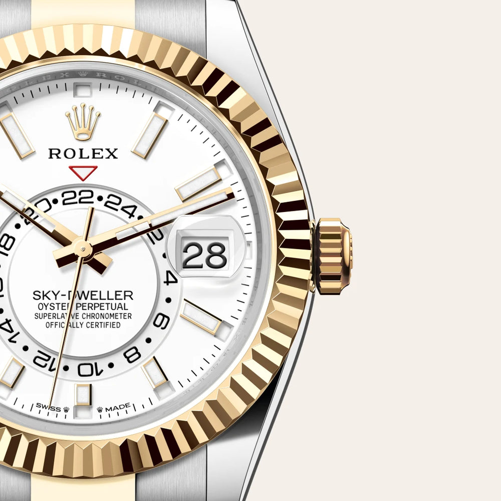 Rolex Sky-Dweller in Yellow Rolesor - combination of Oystersteel and yellow gold with a Intense white dial, Fluted, bidirectional rotatable Rolex Ring Command bezel, Oyster, three-piece solid links bracelet