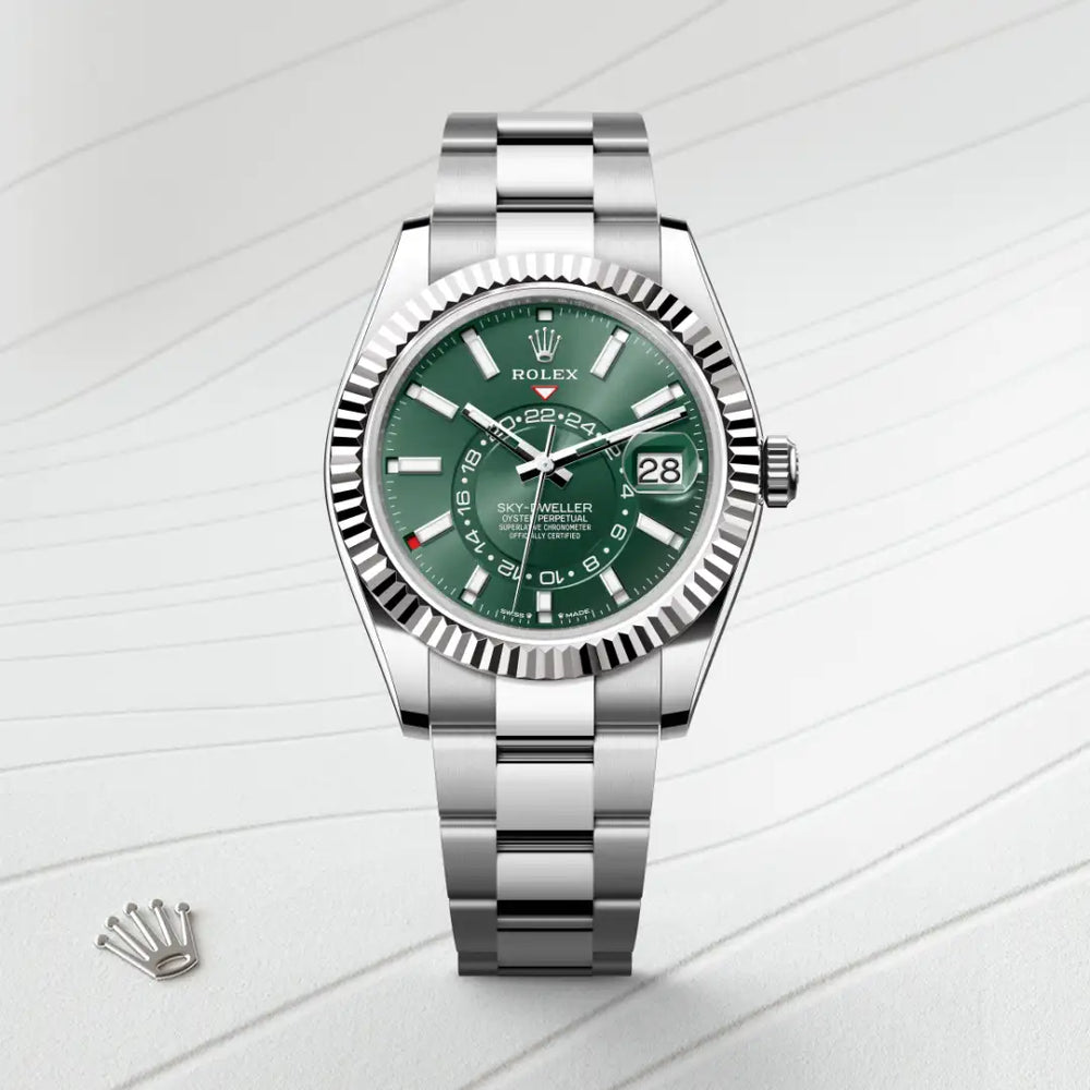 Rolex Sky-Dweller in White Rolesor - combination of Oystersteel and white gold with a Mint green dial, Fluted, bidirectional rotatable Rolex Ring Command bezel, Oyster, three-piece solid links bracelet