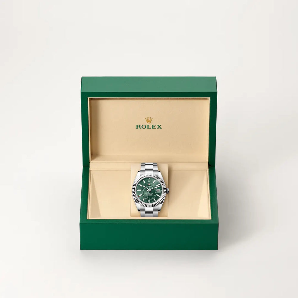 Rolex Sky-Dweller in White Rolesor - combination of Oystersteel and white gold with a Mint green dial, Fluted, bidirectional rotatable Rolex Ring Command bezel, Oyster, three-piece solid links bracelet