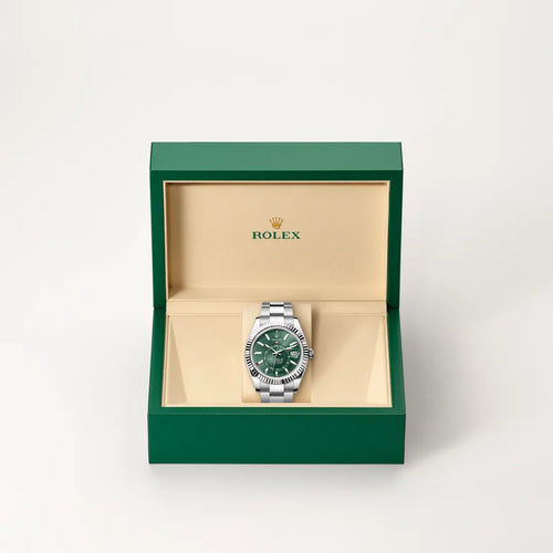 Rolex Sky-Dweller in White Rolesor - combination of Oystersteel and white gold with a Mint green dial, Fluted, bidirectional rotatable Rolex Ring Command bezel, Oyster, three-piece solid links bracelet