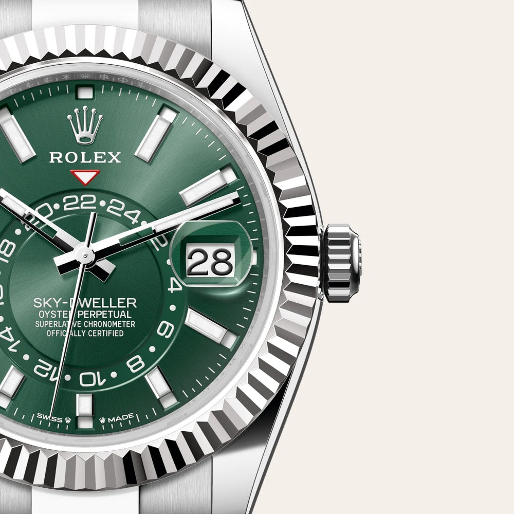 Rolex Sky-Dweller in White Rolesor - combination of Oystersteel and white gold with a Mint green dial, Fluted, bidirectional rotatable Rolex Ring Command bezel, Oyster, three-piece solid links bracelet
