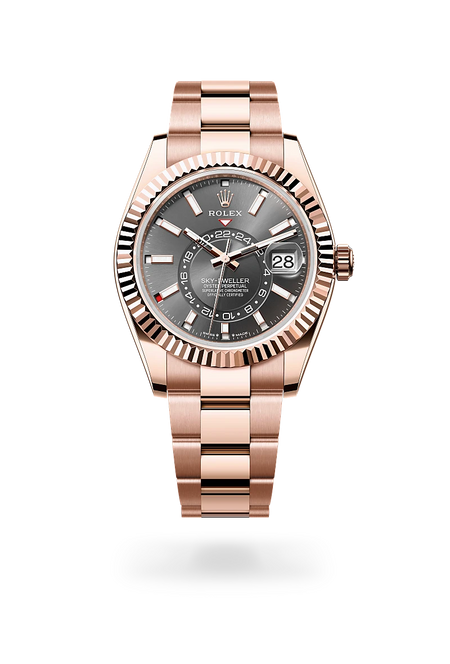 Rolex Sky-Dweller in 18 ct Everose gold with a Slate dial, Fluted, bidirectional rotatable Rolex Ring Command bezel, Oyster, three-piece solid links bracelet
