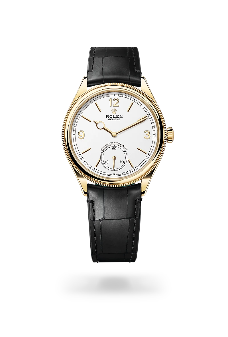 Rolex 1908 in 18 ct yellow gold with a Intense white dial, Domed and fluted bezel, Leather strap bracelet