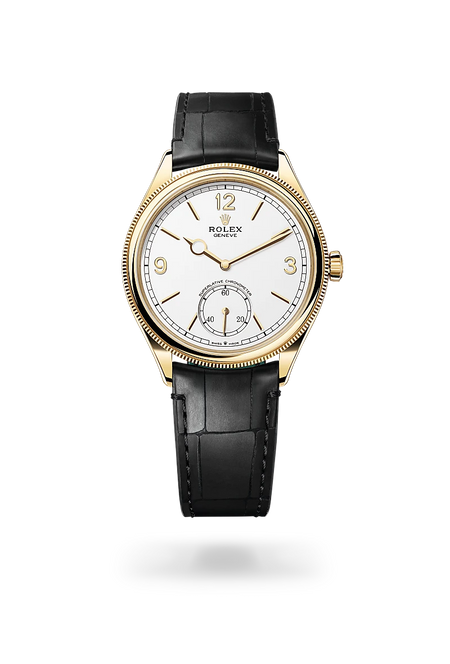 Rolex 1908 in 18 ct yellow gold with a Intense white dial, Domed and fluted bezel, Leather strap bracelet