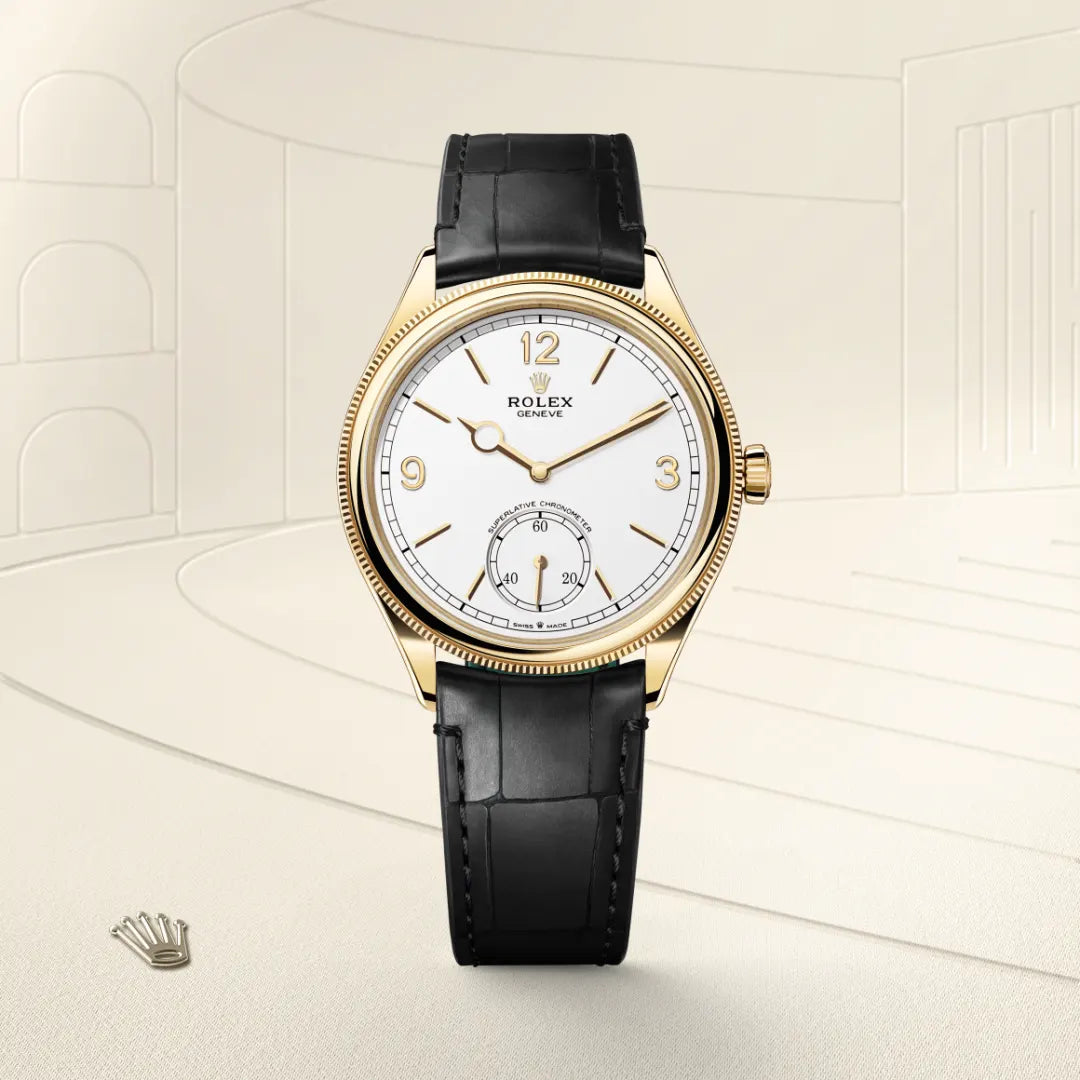 Rolex 1908 in 18 ct yellow gold with a Intense white dial, Domed and fluted bezel, Leather strap bracelet