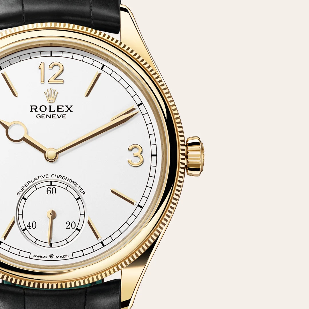 Rolex 1908 in 18 ct yellow gold with a Intense white dial, Domed and fluted bezel, Leather strap bracelet